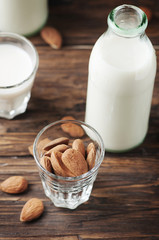 Vegan Almond milk on the vintage table