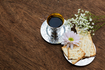 Pesach Still-life with wine and matzoh jewish passover bread