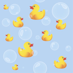 Rubber Ducks Seamless Background with Bubbles