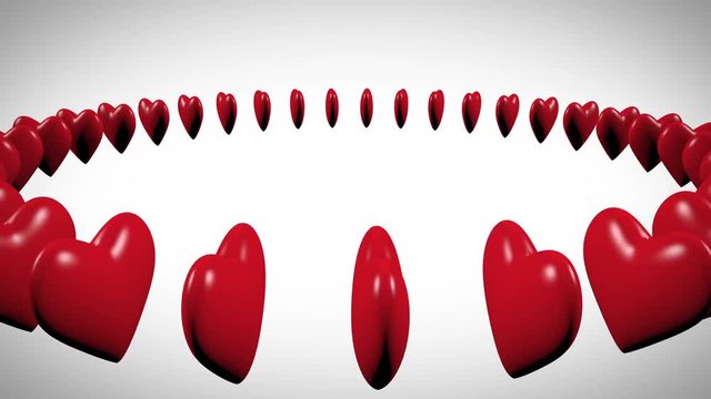 Rotation of 3d ring of big red hearts, Romantic Background seamless loop with space for your text of logo. Full HD and 4k, valentines day card.