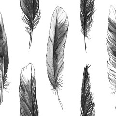 Watercolor black and white monochrome feather seamless pattern