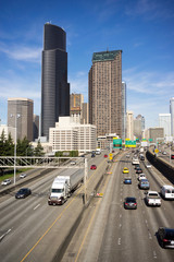 Downtown Seattle City Skyline Interstate 5 Cars Divided Highway