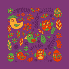 Doodle set with flowers, birds and eggs
