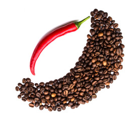 Red chili peppers and coffee beans on white background