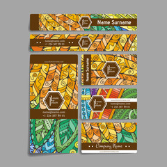 Fototapeta na wymiar Set of vector design templates. Brochures in random colorful style. Zentangle designs.