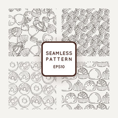 Set of Vector Candy and Muffins Seamless Patterns. Sweet Party Texture.