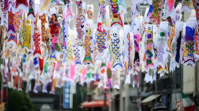 Colorful carp streamers or "Koinobori (in Japanese)" in Kawagoe, Saitama Japan