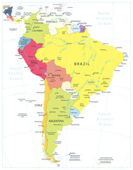 South America Detailed Political Map Isolated On White