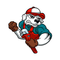 dog plumber holding a big wrench 