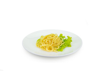 spaghetti with lettuce on white dish,isolated on white,clipping