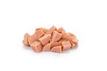 diced cooked pork sausages isolated on white background