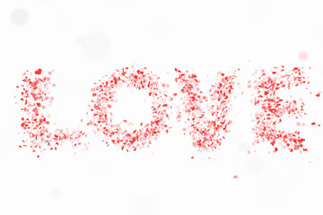 the word “love” formed by sparkling heart-shaped confetti in shades of red (3D illustration isolated on a white background)
