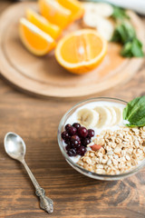 Healthy and wholesome breakfast. Yogur with muesli and currants