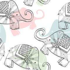 Hand drawn seamless pattern with cartoon elephant.