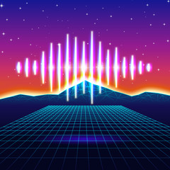 Retro gaming neon background with shiny music wave