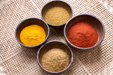close up spicy powder in the wooden bowl on the banana leaf