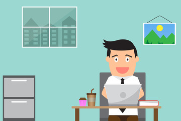 businessman working and happy at his desk. vector illustration.