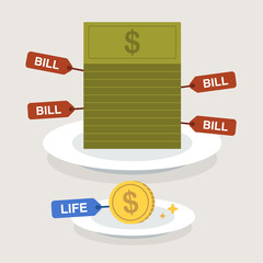 Salary on plate with many bills. flat design. vector illustration