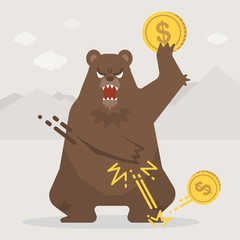 Bear trowing the coin down on the floor. Bear market down trend concept.
