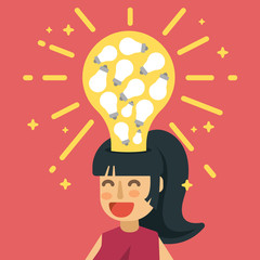 Woman have plenty of light bulb ideas in her head. Ideas concept vector illustration.
