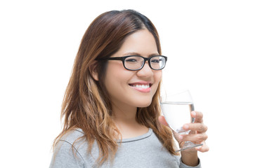 healthy woman drinking water on white background