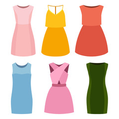 Set of six trendy women's dresses. Vector illustration