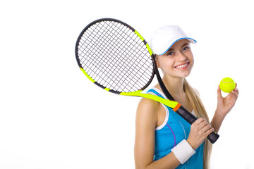 beautiful girl with tennis racket and ball on white background