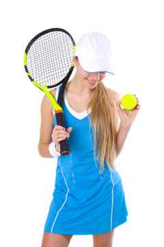 Beautiful tennis player with racket and ball on white background