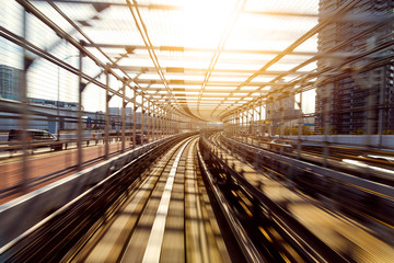 Motion of Japanese mono rail at evening