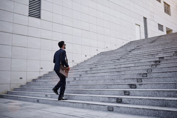 Business executive with briefcase going up the stairs - obrazy, fototapety, plakaty