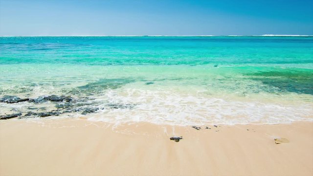 Exotic Beachfront Close-up with Tropical Clear Water Breaking onto Pink Sand with Vibrant Colors on a Sunny Day in Vanuatu