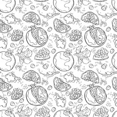 Pomegranate . Juicy fruit. Spray juice and juice drops. Vector seamless pattern (background).
