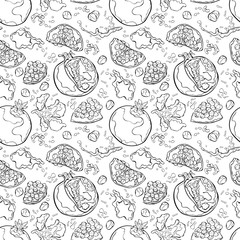 Pomegranate . Juicy fruit. Spray juice and juice drops. Vector seamless pattern (background).