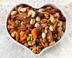 Nuts on heart plate. Healthy diet eating.