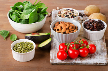 Foods containing potassium on  wooden table