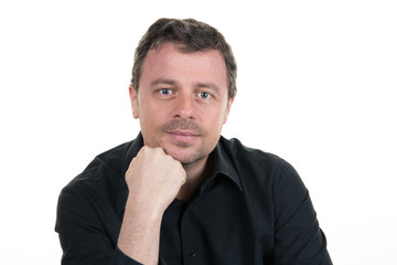 Man with his arms on chin over isolated background