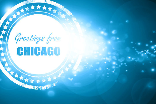 Blue Stamp On A Glittering Background: Greetings From Chicago