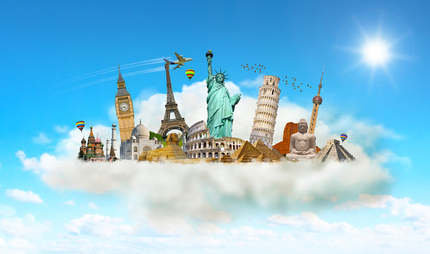 Famous monuments of the world in a cloud