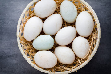  Duck eggs on a cage gray background.