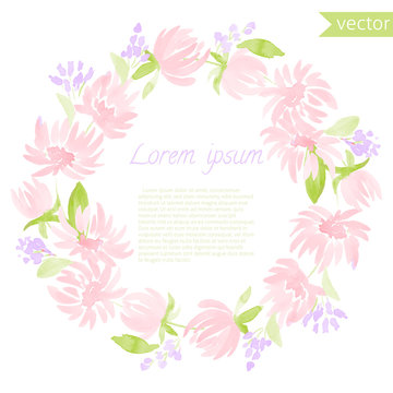 watercolor floral round frame. Vector illustration of natural wreath for invitation cards, save the date, wedding card design.