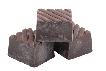 Three dark bitter chocolate cube isolated on white background