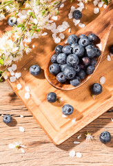 blueberries on wooden table. Blueberry antioxidant. Concept for healthy eating and nutrition