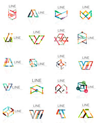 Set of linear abstract logos, connected multicolored segments lines in geometrical figures