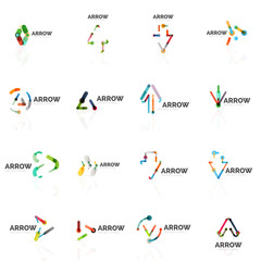 Set of linear arrow abstract logos, connected multicolored segments lines in directional pointer figures