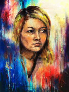 art colorful painting beautiful girl face and abstract color background.