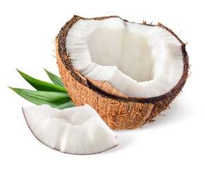 Coconut with leaf on white background