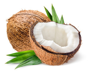 Coconut with half and leaves on white background