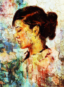 art colorful painting beautiful girl face and crackle background.