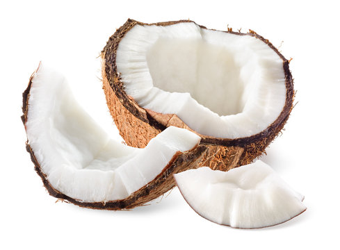 Coconut. Half with pieces on white background