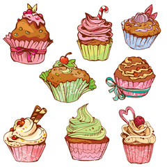 set of decorated sweet cupcakes - elements for cafe, menu, birth